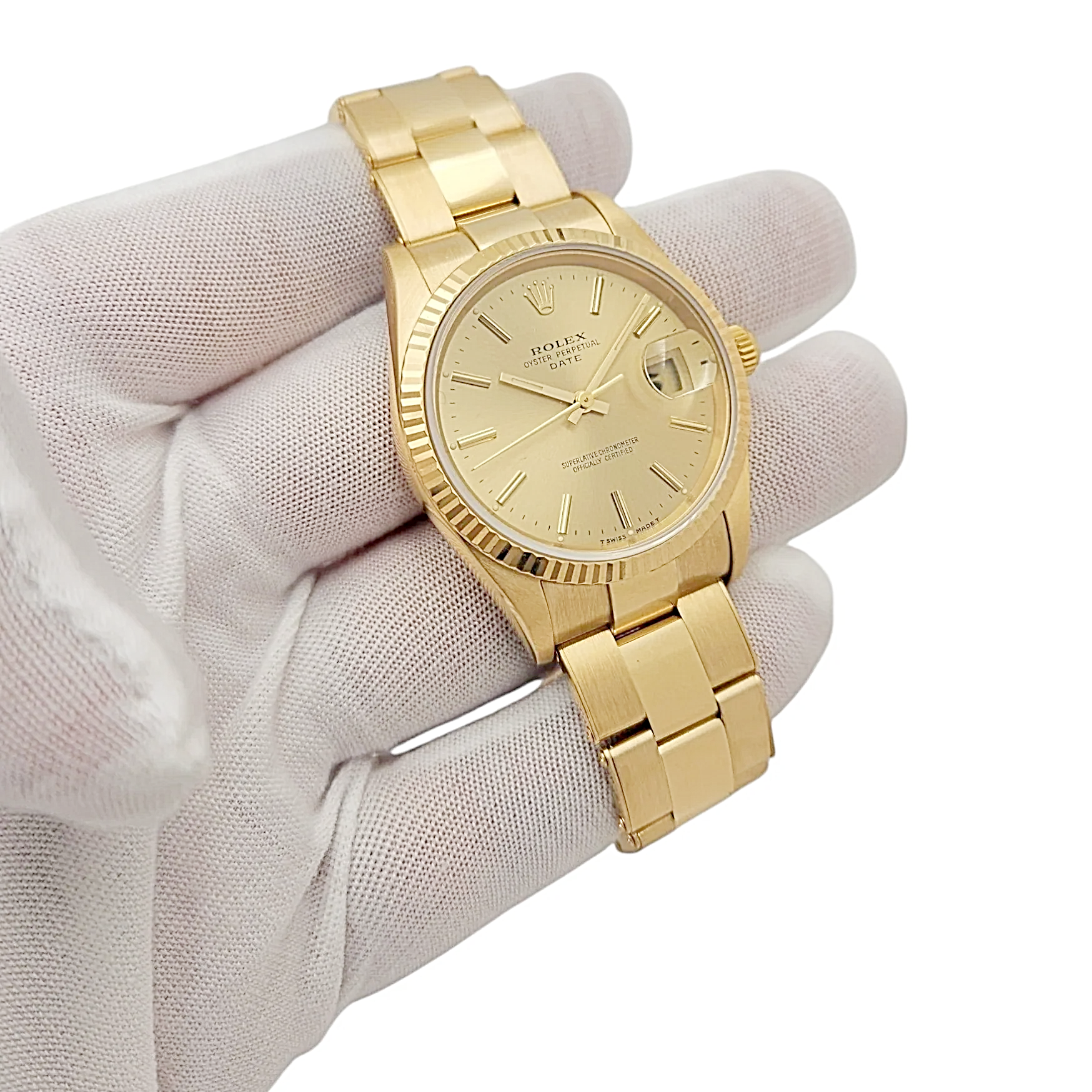 Men's Rolex 34mm Date Presidential 18K Yellow Gold Watch with Gold Dial and Fluted Bezel. (Pre-Owned 15238)