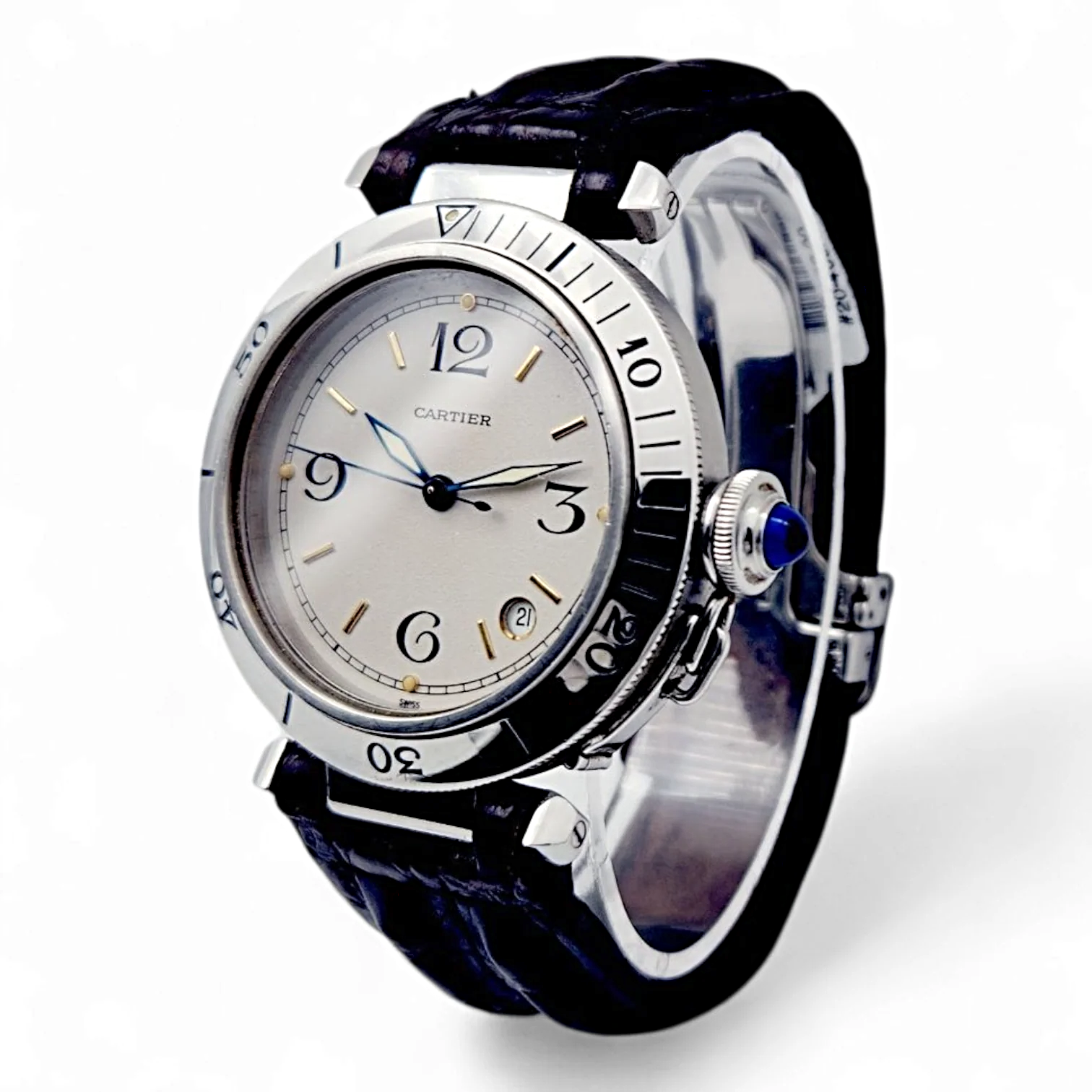 Unisex Cartier Pasha 38mm Arabic Numeral Automatic Watch with Brown Leather Strap and Ivory Dial. (Pre-Owned)