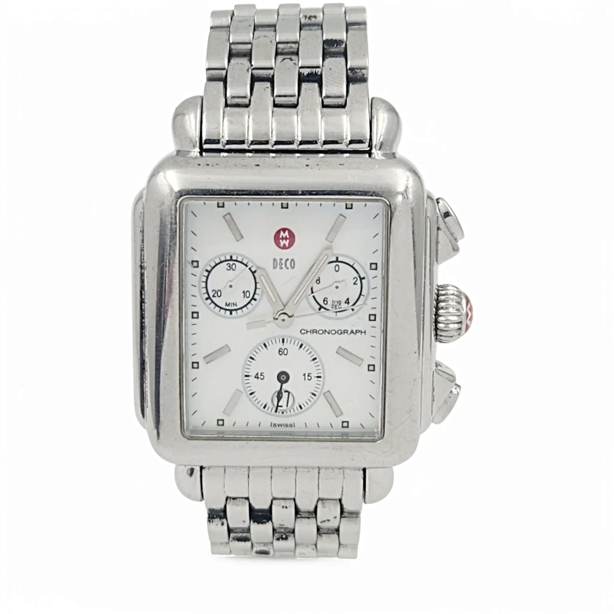 Ladies Michele Deco 33mm Stainless Steel Watch with Mother of Pearl Chronograph Dial. (Pre-Owned)