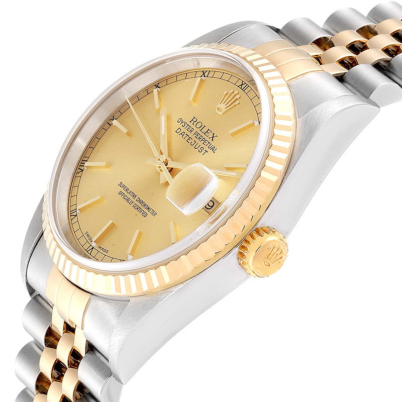 Men's Rolex 36mm DateJust 18K Gold / Stainless Steel Two Tone Wristwatch with Champagne Dial & Fluted Bezel. (Pre-Owned 16233)