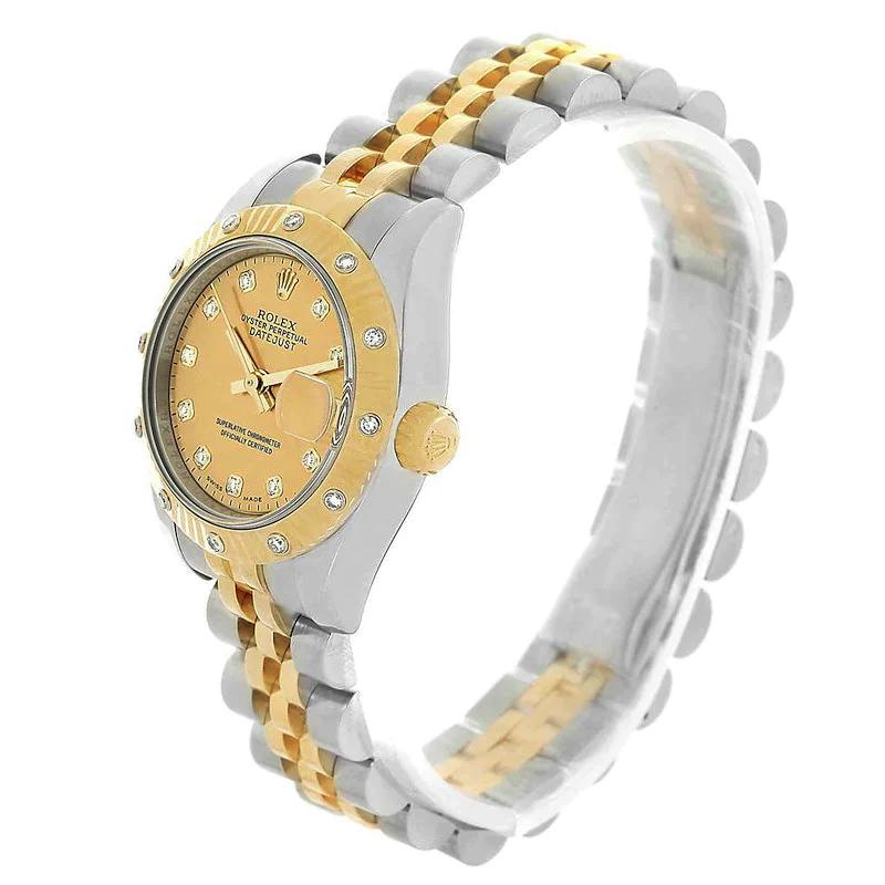 Ladies Rolex 26mm DateJust 18K Yellow Gold / Stainless Steel Two Tone Wristwatch w/ Gold Diamond Dial & Diamond Fluted Bezel. (Pre-Owned 179313)