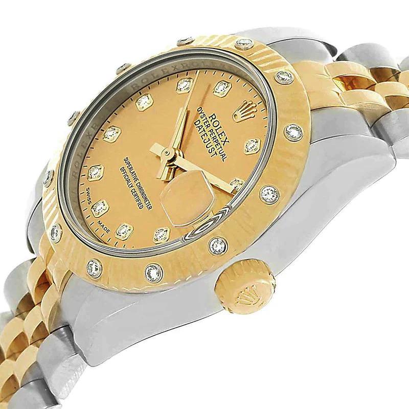 Ladies Rolex 26mm DateJust 18K Yellow Gold / Stainless Steel Two Tone Wristwatch w/ Gold Diamond Dial & Diamond Fluted Bezel. (Pre-Owned 179313)