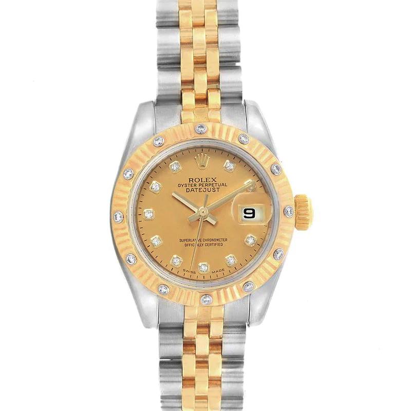 Ladies Rolex 26mm DateJust 18K Yellow Gold / Stainless Steel Two Tone Wristwatch w/ Gold Diamond Dial & Diamond Fluted Bezel. (Pre-Owned 179313)