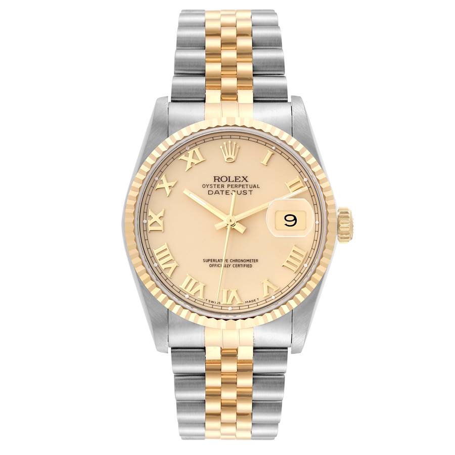 Men's Rolex 36mm DateJust Two Tone 18K Yellow Gold / Stainless Steel Watch with Cream Dial and Fluted Bezel. (Pre-Owned 16233)