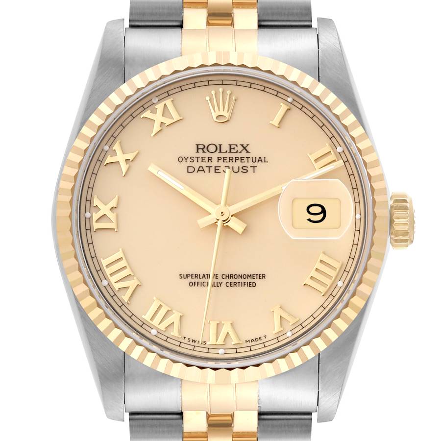 Men's Rolex 36mm DateJust Two Tone 18K Yellow Gold / Stainless Steel Watch with Cream Dial and Fluted Bezel. (Pre-Owned 16233)