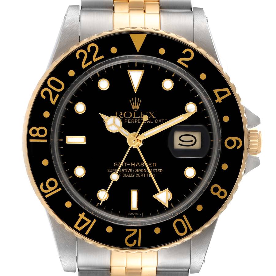 1985 Men's Rolex 40mm GMT Vintage Master 18K Gold / Stainless Steel Two Tone Wristwatch w/ Black Bezel & Black Dial. (Pre-Owned 16753)