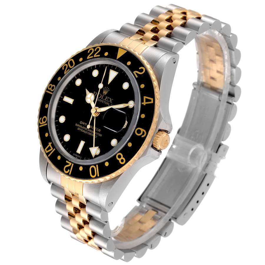 1985 Men's Rolex 40mm GMT Vintage Master 18K Gold / Stainless Steel Two Tone Wristwatch w/ Black Bezel & Black Dial. (Pre-Owned 16753)