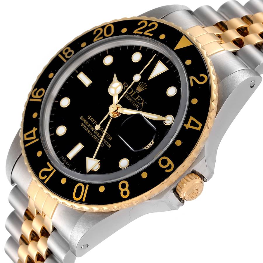 1985 Men's Rolex 40mm GMT Vintage Master 18K Gold / Stainless Steel Two Tone Wristwatch w/ Black Bezel & Black Dial. (Pre-Owned 16753)