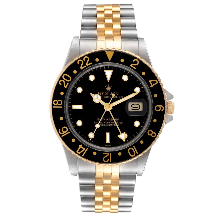 1985 Men's Rolex 38mm GMT Vintage Master 18K Gold / Stainless Steel Two Tone Wristwatch w/ Black Bezel & Black Dial. (Pre-Owned 16753)