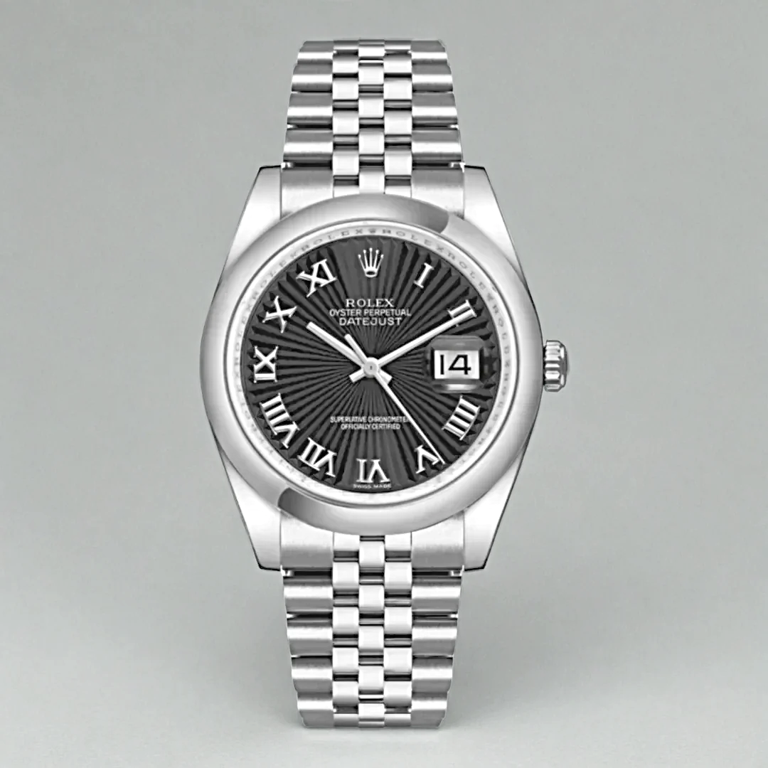 Men's Rolex 36mm Oyster Perpetual DateJust Stainless Steel Watch with Sunbeam Roman Numeral Black Dial and Smooth Bezel. (Pre-Owned 116200)