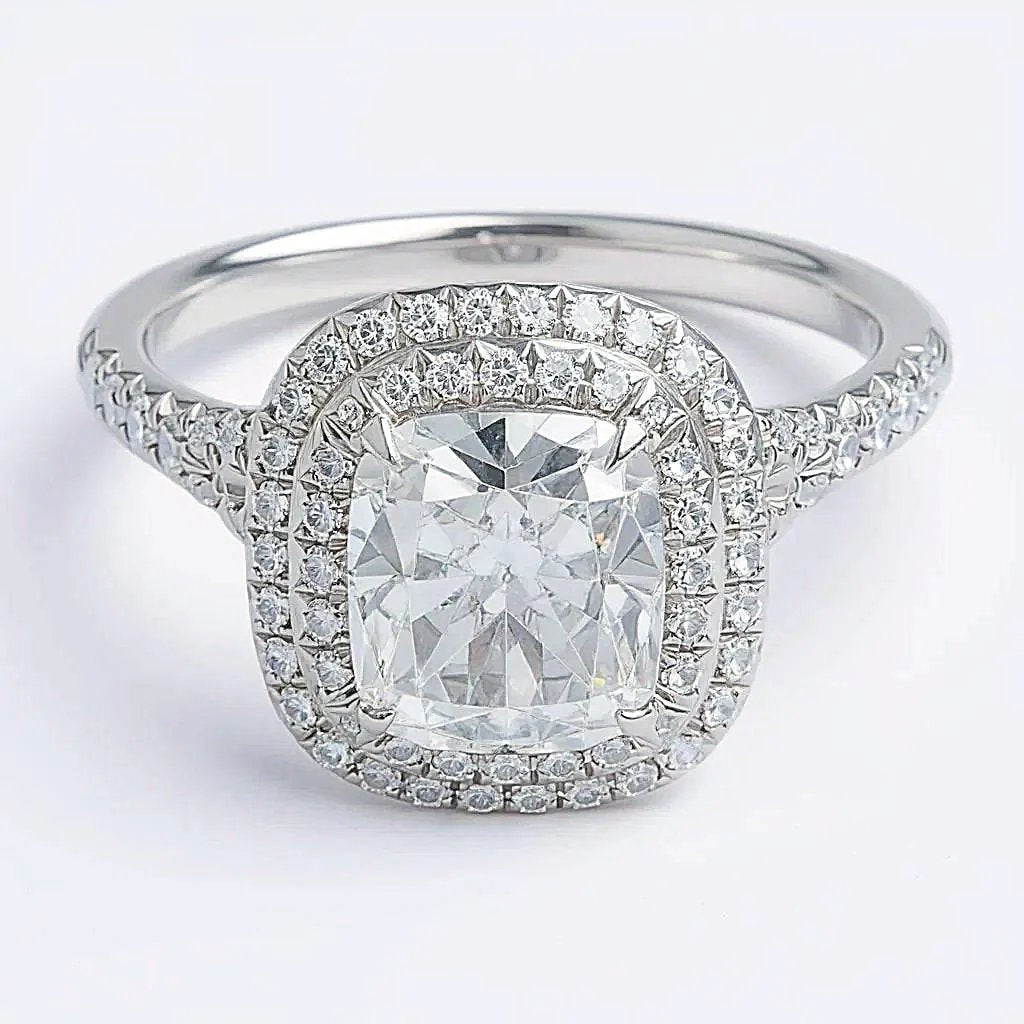 Tiffany & Co. Cathedral Setting "Tiffany Soleste" Platinum Cushion Cut Diamond Double Halo 2.60 ct, F Color, VS1 Clarity Engagement Ring.