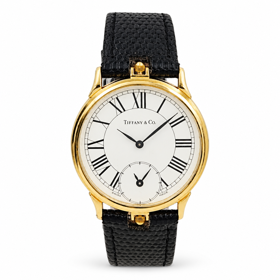 Tiffany & Co. Dual Time Zone 33mm 18K Yellow Gold Watch with Black Leather Strap and White Dial. (Pre-Owned)