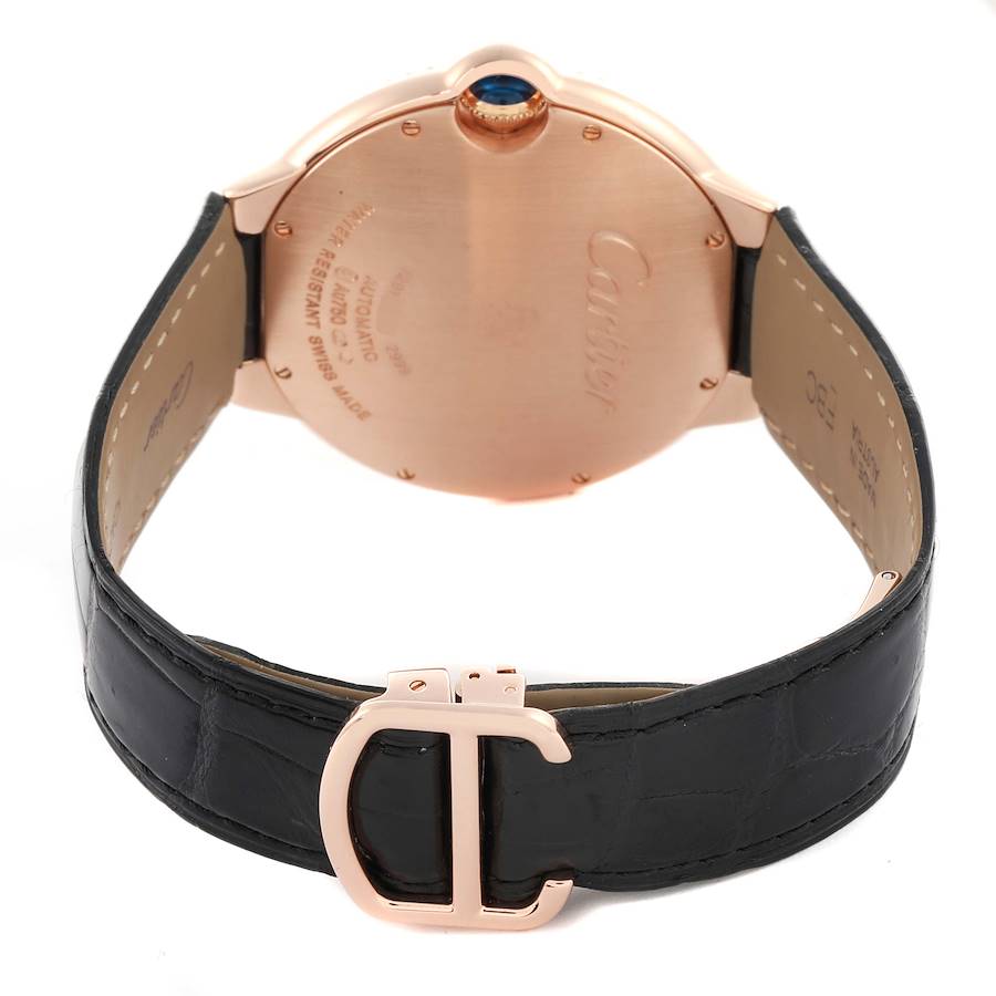 Unisex Cartier 36mm Ballon Bleu Automatic 18K Rose Gold / Black Leather Strap Watch with Roman Numeral Silver Guillochi Dial. (Pre-Owned 3002)