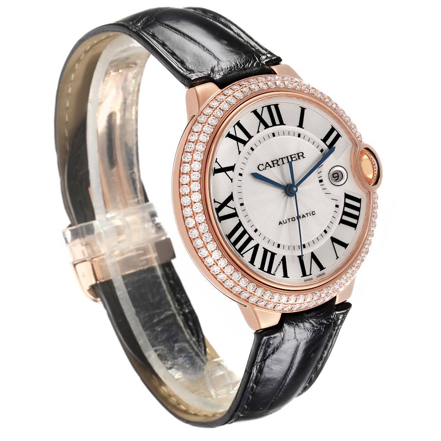 Unisex Cartier 36mm Ballon Bleu Automatic 18K Rose Gold / Black Leather Strap Watch with Roman Numeral Silver Guillochi Dial. (Pre-Owned 3002)