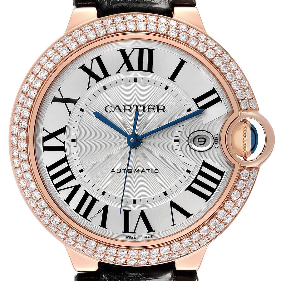 Unisex Cartier 36mm Ballon Bleu Automatic 18K Rose Gold / Black Leather Strap Watch with Roman Numeral Silver Guillochi Dial. (Pre-Owned 3002)