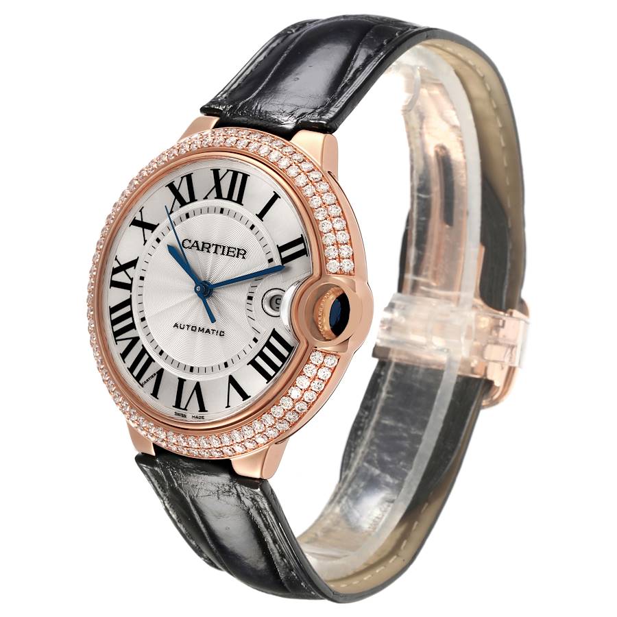 Unisex Cartier 36mm Ballon Bleu Automatic 18K Rose Gold / Black Leather Strap Watch with Roman Numeral Silver Guillochi Dial. (Pre-Owned 3002)