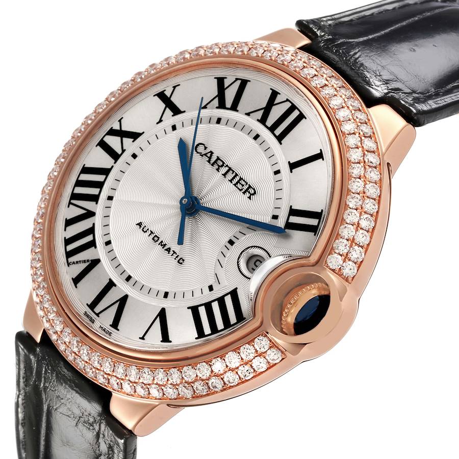 Unisex Cartier 36mm Ballon Bleu Automatic 18K Rose Gold / Black Leather Strap Watch with Roman Numeral Silver Guillochi Dial. (Pre-Owned 3002)