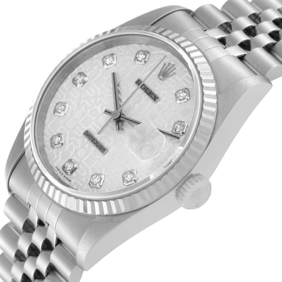 Unisex Rolex 36mm DateJust Stainless Steel Watch with Silver Anniversary Diamond Dial and Fluted Bezel. (Pre-Owned 16234)