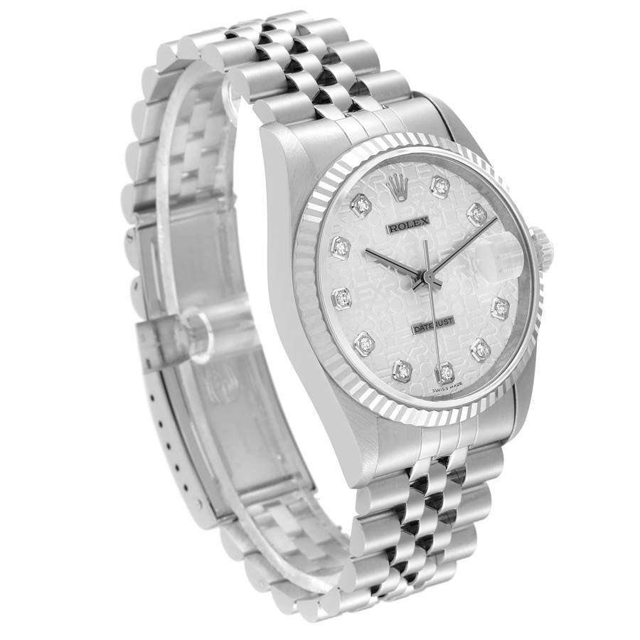 Unisex Rolex 36mm DateJust Stainless Steel Watch with Silver Anniversary Diamond Dial and Fluted Bezel. (Pre-Owned 16234)