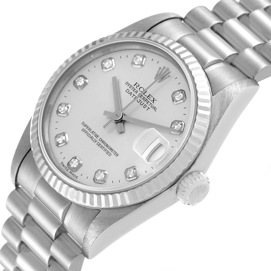 Ladies Rolex 31mm Midsize DateJust Presidential 18K White Gold Wristwatch w/ Silver Diamond Dial & Fluted Bezel. (Pre-Owned 68279)