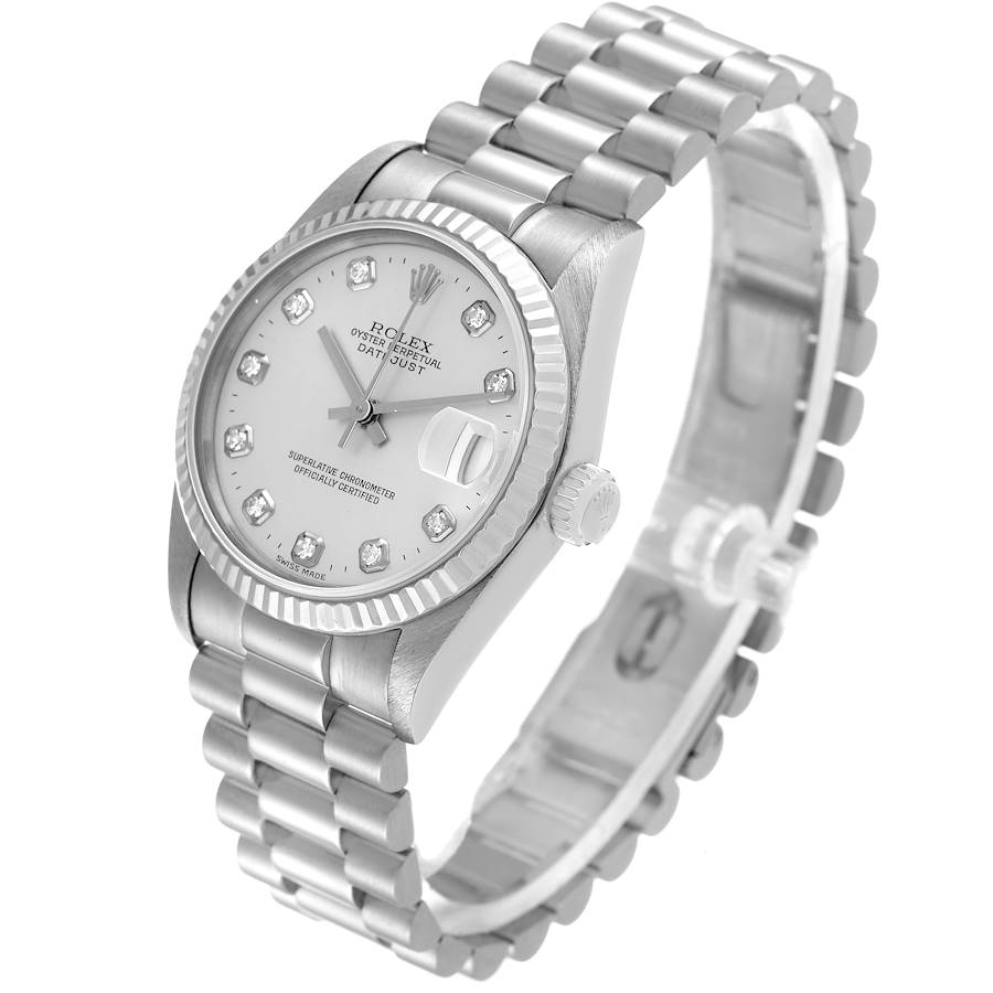 Ladies Rolex 31mm Midsize DateJust Presidential 18K White Gold Wristwatch w/ Silver Diamond Dial & Fluted Bezel. (Pre-Owned 68279)