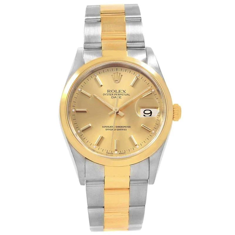 Men's Rolex 34mm Date 18K Two Tone Wristwatch w/ Champaign Dial & Smooth Bezel. (Pre-Owned 15203)