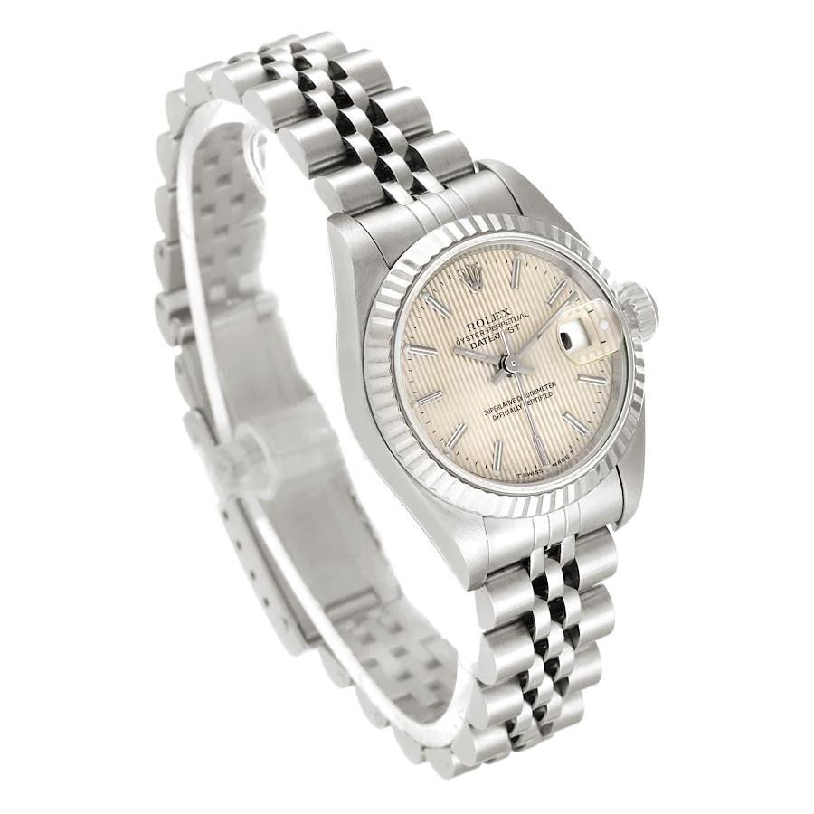 Ladies Rolex 26mm DateJust Stainless Steel Watch with Silver Tapestry Dial and Fluted Bezel. (Pre-Owned 69174)