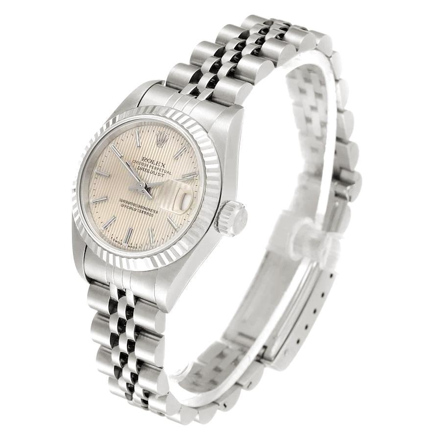 Ladies Rolex 26mm DateJust Stainless Steel Watch with Silver Tapestry Dial and Fluted Bezel. (Pre-Owned 69174)