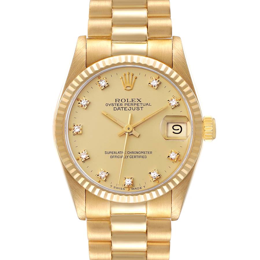 Ladies Rolex 26mm Presidential 18K Solid Yellow Gold Watch with Gold Diamond Dial and Fluted Bezel. (Pre-Owned 68278)