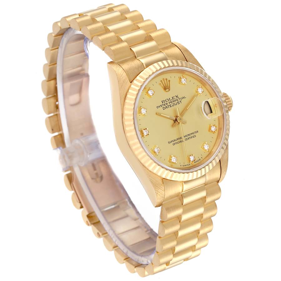 Ladies Rolex 26mm Presidential 18K Solid Yellow Gold Watch with Gold Diamond Dial and Fluted Bezel. (Pre-Owned 68278)