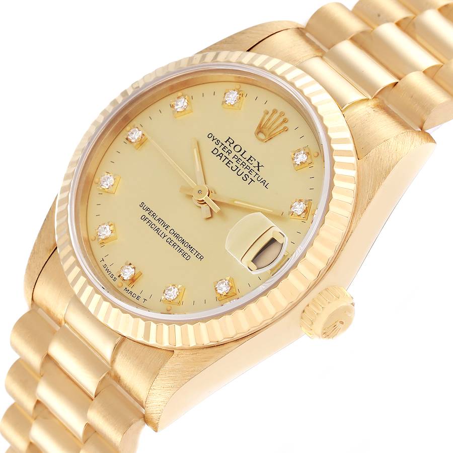 Ladies Rolex 26mm Presidential 18K Solid Yellow Gold Watch with Gold Diamond Dial and Fluted Bezel. (Pre-Owned 68278)