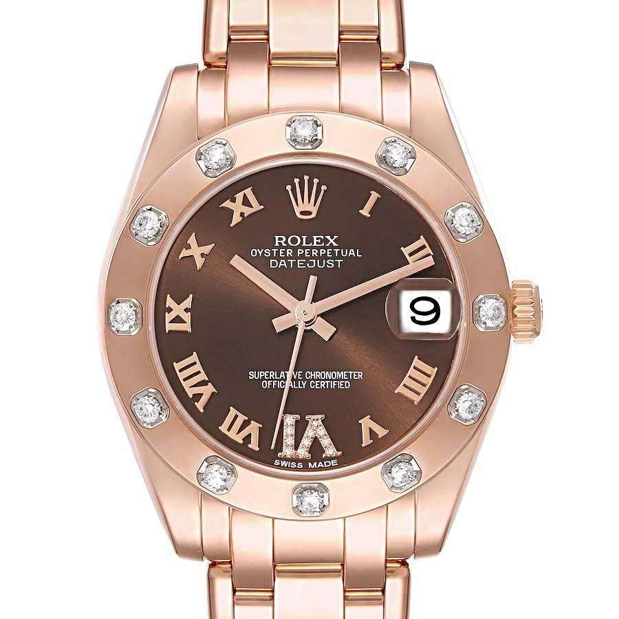 Ladies Rolex 34mm Pearlmaster Rose Gold Watch with Chocolate Diamond Dial and Diamond Bezel. (NEW 81315)