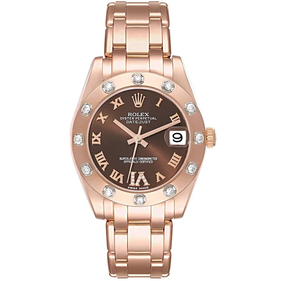 Ladies Rolex 34mm Pearlmaster Rose Gold Watch with Chocolate Diamond Dial and Diamond Bezel. (NEW 81315)