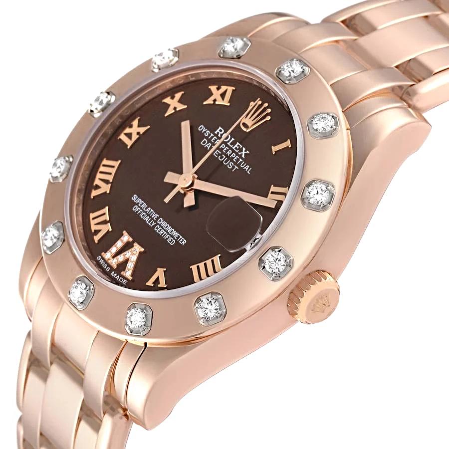 Ladies Rolex 34mm Pearlmaster Rose Gold Watch with Chocolate Diamond Dial and Diamond Bezel. (NEW 81315)