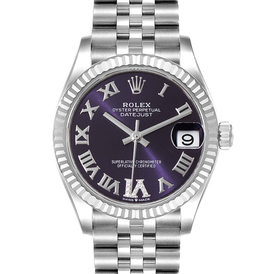 Ladies Rolex DateJust 31mm Midsize Stainless Steel Wristwatch w/ Aubergine No. 6 Diamond Dial & Fluted Bezel. (Pre-Owned 278274)