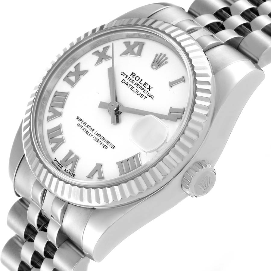 Ladies Rolex DateJust 31mm Midsize Stainless Steel Watch with White Roman Numeral Dial and Fluted Bezel. (Pre-Owned)