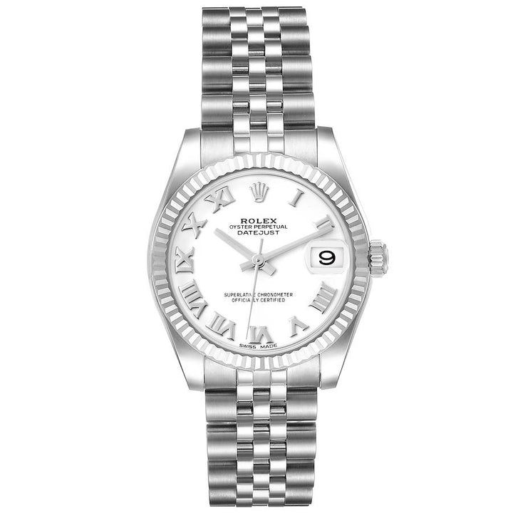 Ladies Rolex DateJust 31mm Midsize Stainless Steel Watch with White Roman Numeral Dial and Fluted Bezel. (Pre-Owned 178274)