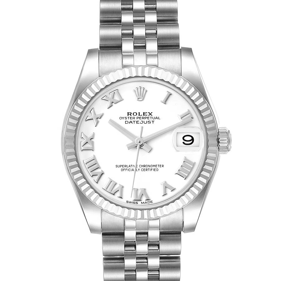 Ladies Rolex DateJust 31mm Midsize Stainless Steel Watch with White Roman Numeral Dial and Fluted Bezel. (Pre-Owned)