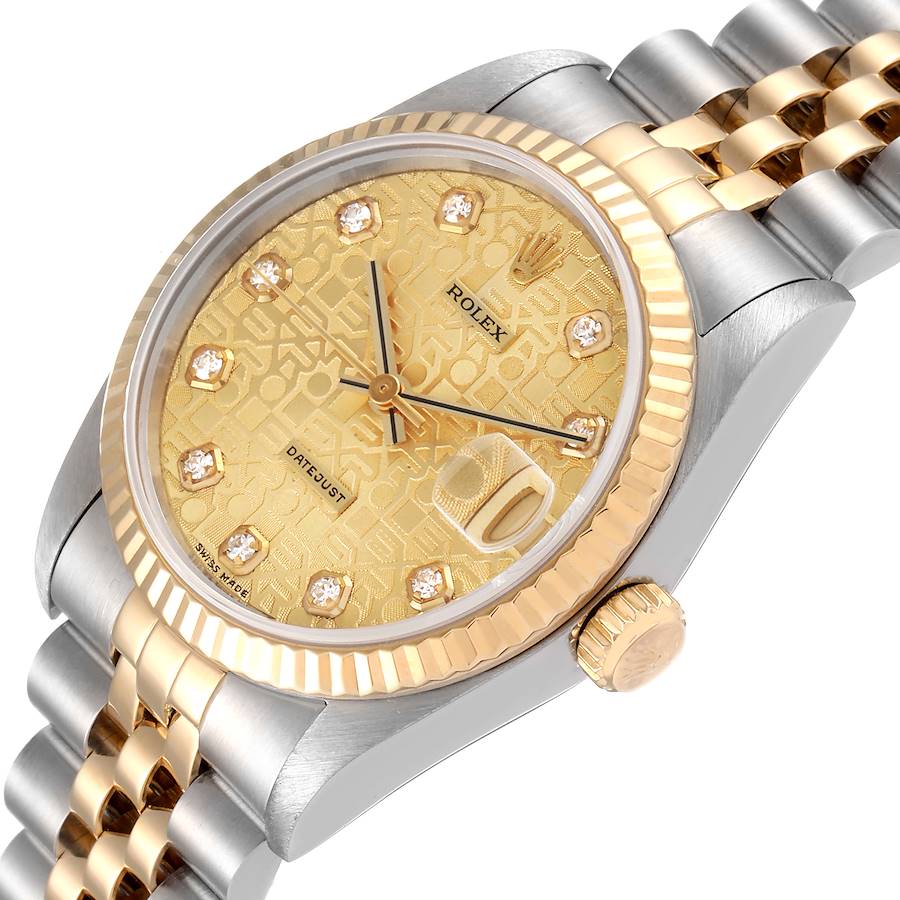 Ladies Rolex Midsize 31mm DateJust Two Tone 18K Yellow Gold / Stainless Steel Wristwatch w/ Hologram Diamond Dial & Fluted Bezel. (Pre-Owned 68273)