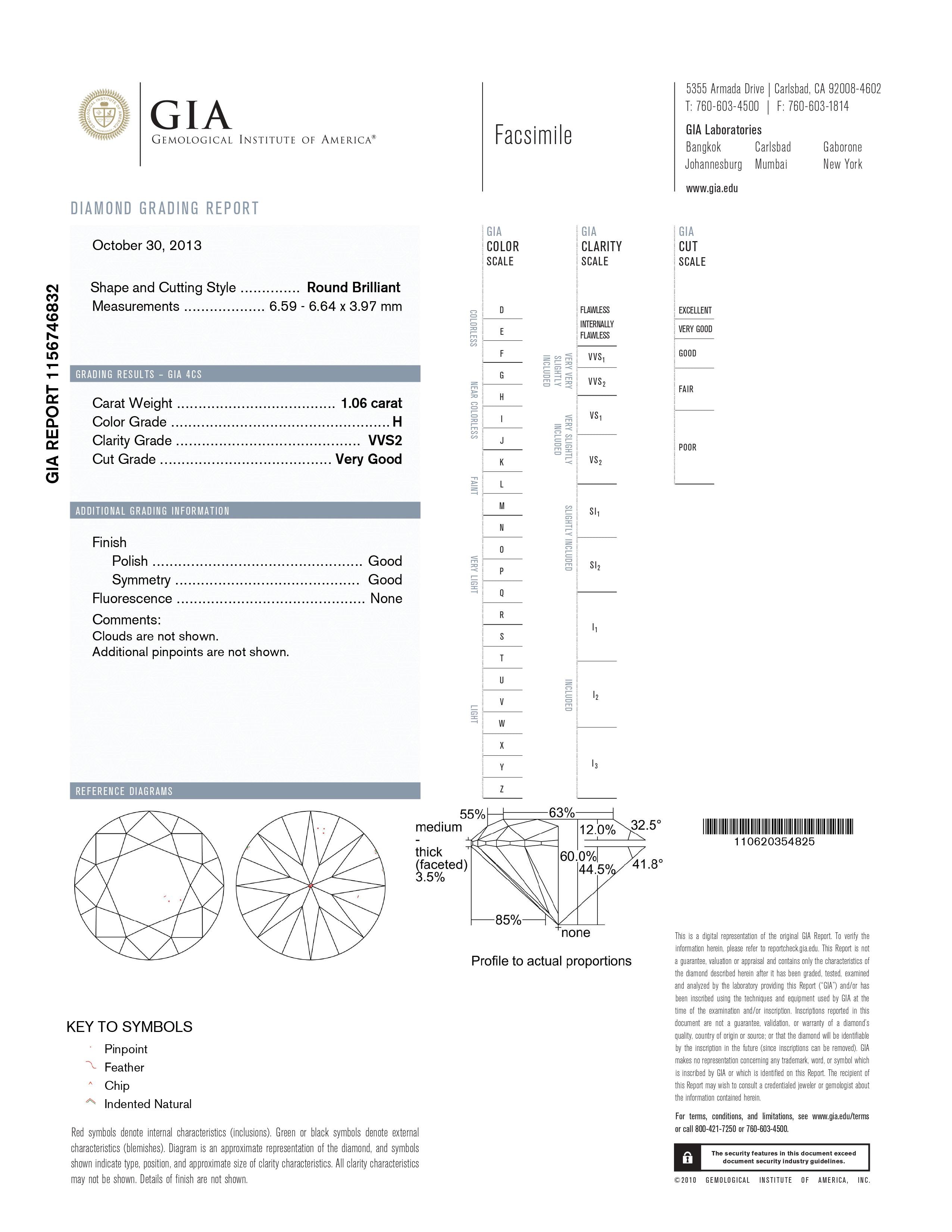 1.06 Carat GIA Certified VVS2, Color H, Round Cut Natural Diamond.