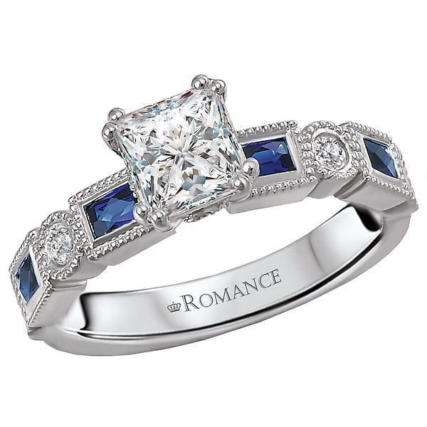 14K White Gold Sapphire and Romance Collection Semi-Mount Wedding Ring.