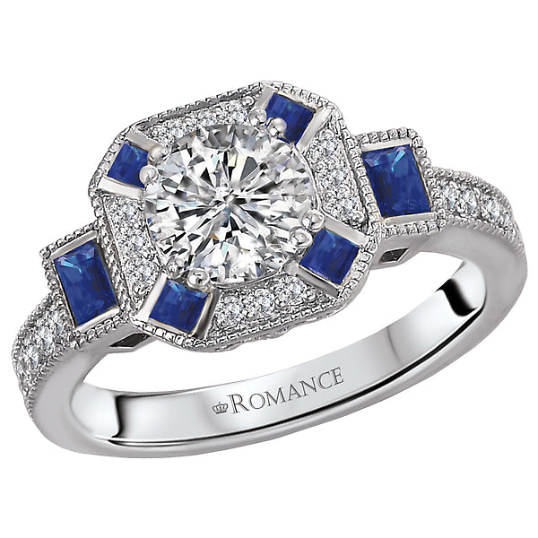 14K White Gold Sapphire and Romance Collection Semi-Mount Wedding Ring.