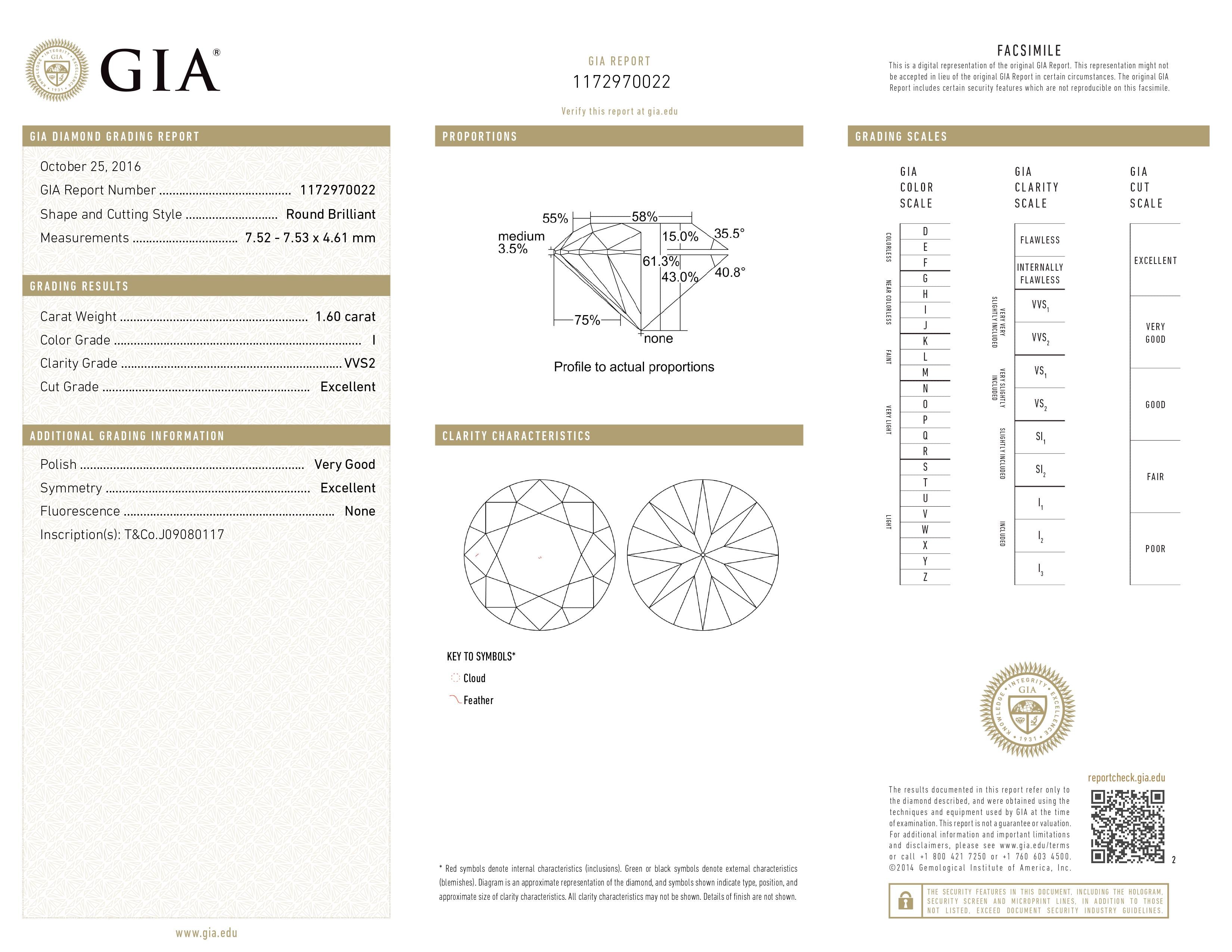 1.60 Carat GIA Certified VVS2, Color I, Round Cut Natural Diamond.