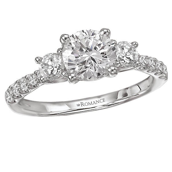 14K White Gold 3 Stone Semi-Mount Romance Collection Wedding Ring.