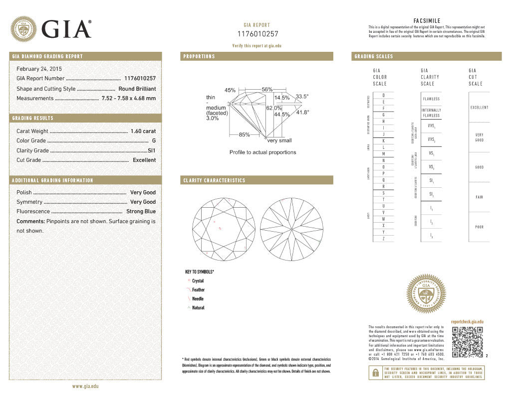 1.60 Carat GIA Certified SI1, Color G, Round Cut Natural Diamond.