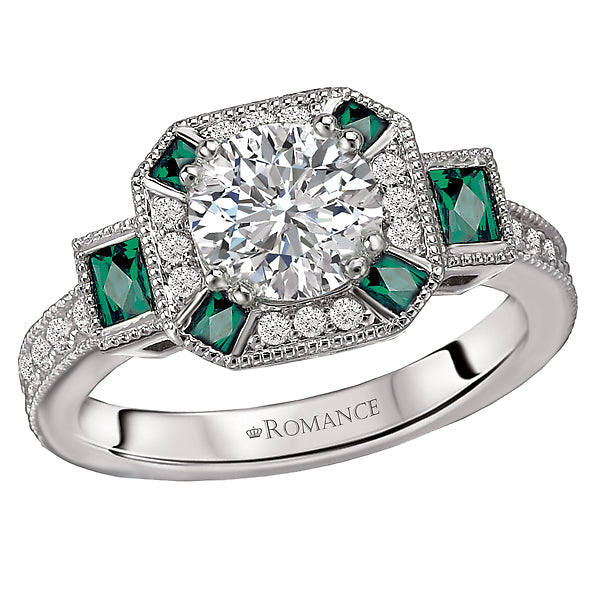 14K White Gold Tsavorite and Romance Collection Semi-Mount Wedding Ring.