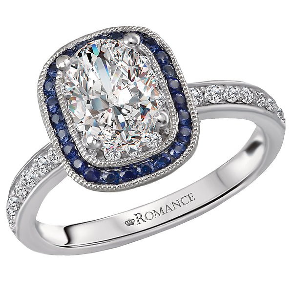 14K White Gold Halo Semi Mount and Gemstone Romance Collection Wedding Ring.