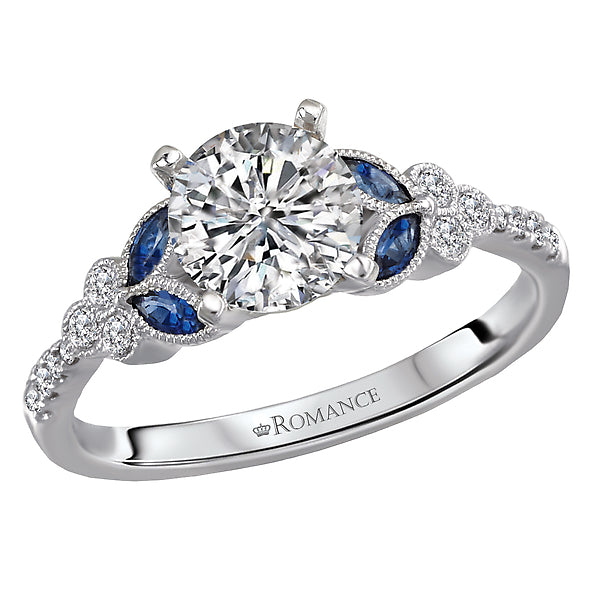 14K White Gold Sapphire and Romance Collection Semi-Mount Wedding Ring.