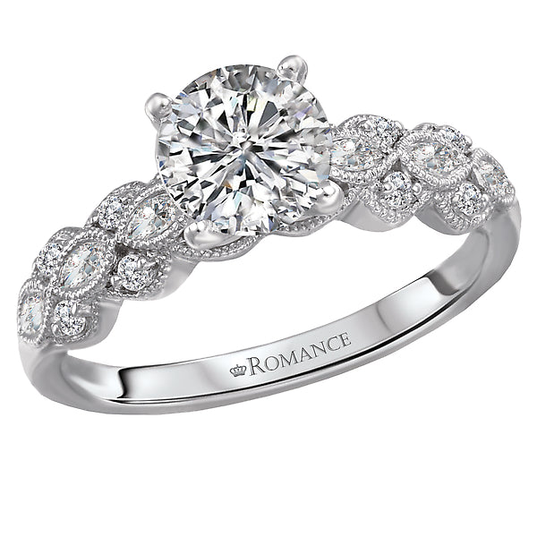 14K White Gold Classic Semi-Mount Romance Collection Wedding Ring.