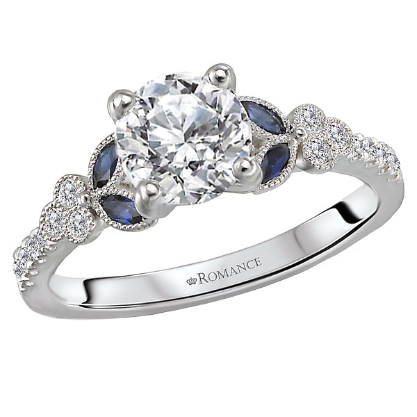 14K White Gold Sapphire and Romance Collection Semi-Mount Wedding Ring.